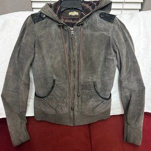 Anthropologie Suede leather fitted jacket hoodie with flannel lining Small